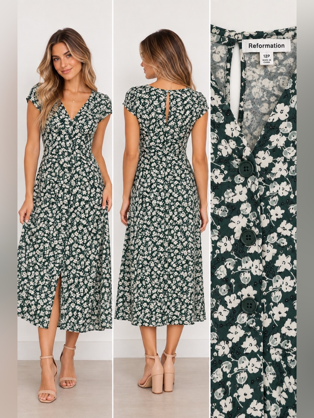 Reformation Fauna Green Floral Button Front Midi Dress 12P